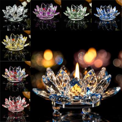 China Home/Wedding Home Decoration 7 Colors Buddhist Glass Crystal Lotus Flower Candle Holder Tea Light Candlestick for sale