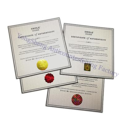 China Hot Stamped Red Hologram Certificate Jewelry Authenticity Custom Paper Printed Jewelry Certificate of Authenticity Watermark of Certificate Printing for sale