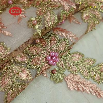 China Nice Making Sustainable Luxury Women Dress 3d Bead Floral Embroidered Mesh Fabric for sale