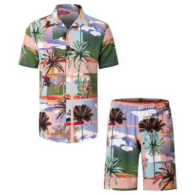 China Custom Men's Hawaiian Style Summer Anti-Wrinkle Print Short Sleeve Polyester Button Shirt And Beach Shorts Set For Men for sale