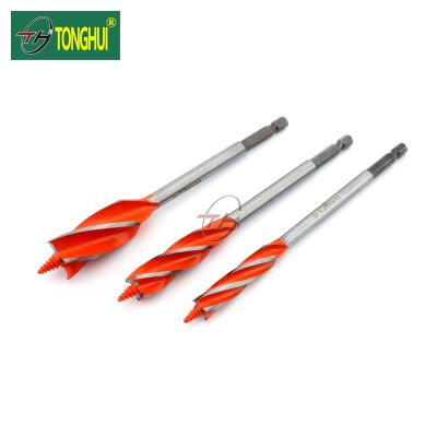 China Quick Working Interchange Hex Shank Wood Four Grooves Wood Quadruple Spikes Auger Drill Bit For Wood Drilling for sale