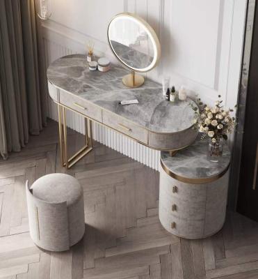 China Nordic Gold SS Furniture Vanity Mirror Makeup Mirror Stool Combination Style Marble Top Dressing Table For Small Bedroom for sale