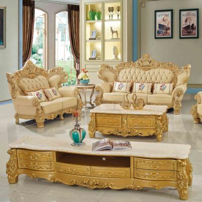 China Customizable European Style Wooden Leather Sofa Set Antique Furniture Golden Sofa for sale