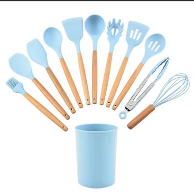 China 12pcs Silicone Sustainable Kitchen Tools Practical Cooking Spatula With Handle Wooden Laddle Kitchen for sale