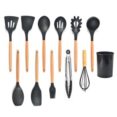 China 12pcs Silicone Sustainable Kitchen Tools Practical Cooking Spatula With Wooden Handle Cookware Set for sale