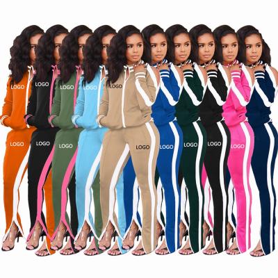 China Anti-Static Fall 2 Piece Set Women Clothing Dew Shoulder Casual Women Jogger Set Patchwork Track Pants With Zipper Sports Suit For Women for sale