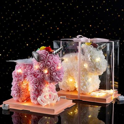 China Home Decoration/Festival/Valentine's Day/Wedding/Finish Sale 25cm Rose Unicorn Gift Foam Hotting Artificial Rose Bear with Gift Box for sale