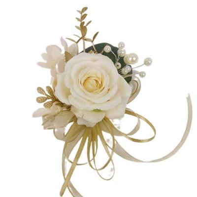 China Home Decoration/Festival/Valentine/Wedding/2021 Artificial Silk Champagne Rose Flower Corsage Bridal Wrist Brooch Boutonniere Finishing Corsage For Wedding for sale