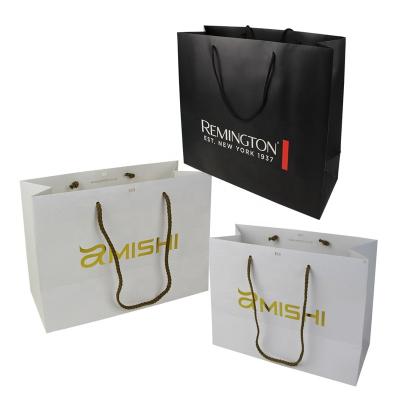 China Brand Logo Luxury Shopping Black White Disposable Stylish Customized Paper Gift Bags With Ribbon Handles for sale