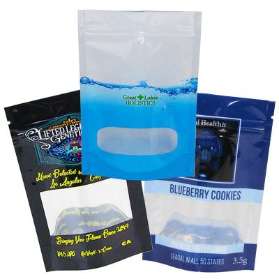 China Disposable Custom Smell Proof Flower Mylar Packaging 3.5 Mylar Bags Clear Window Mini Mylar Bags for sale