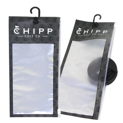 China Recyclable Custom Logo Transparent Gift Packaging Slider Zipper Resealable Bags For Socks Packing Pouches With Hanger Hook for sale