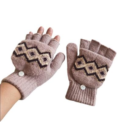 China Winter New Men Gloves Flip Button Eco-friendly Knitted Warm Striped Mittens Finger Exposed Glove New Half Plus Thick Male Mittens for sale