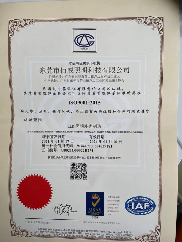 ISO9001 - Dongguan Baiwei Lighting Technology Co., Ltd.