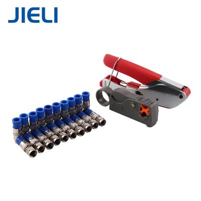 China CATV Coaxial Cable Assembly Coaxial Crimping Crimping Tool Kit Coaxial Cable Crimper and Stripper Compression Tool Kit with 20pcs RG6 F Connectors JL-NTK-01A for sale