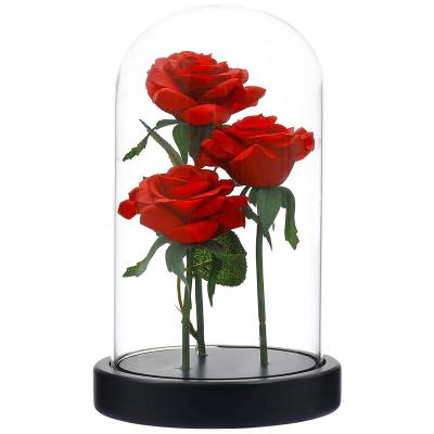 China Durable Romantic Artificial Silk Eternal Rose In Glass Dome With Led Red Preserved Flower Rose Gift For Valentine's Day for sale