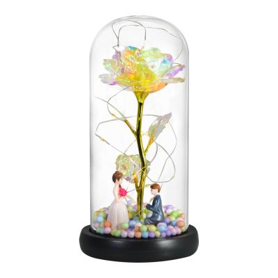 China 2021 New Lasting Gold Foil Rose Flowers Enchanted Rainbow Galaxy Rose In Glass Dome Artificial Flowers 24k LED Light Valentines Day Gift for sale