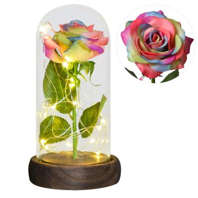 China Artificial Flowers High Quality Durable Gift Rose in Glass Dome with Led Light Artificial Festival Valentine's Day Flowers for sale