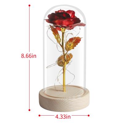 China New Lasting Hot Mother Valentine Gift Light Rose In Glass Dome With LED Beauty 22cm High and Beast 24k Gold for sale