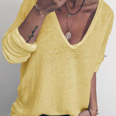 China Yellow blouses and tops long sleeve 0.3 casual sexy V-neck anti-pilling shirt T-shirt 2021 spring style new loose color women's push-up tops for sale