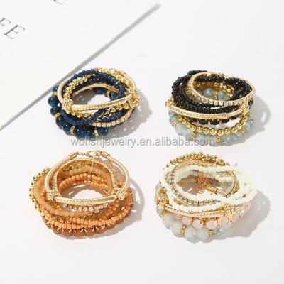 China BOHEMIA boho style multi layers seed bead gemstone stones leather beaded bracelet set for sale