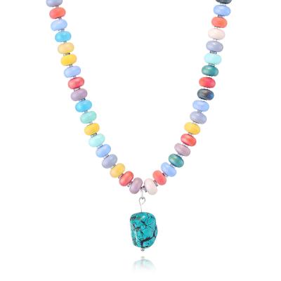 China Handmade Vintage AB Matte Rainbow Crystal Beads Beaded Scarf with Turquoise Pendant Necklace for Woman for sale