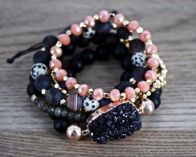 China Environmental friendly custom hot products real stone beaded natural crystal quartz charm bracelet set black druzy jewelry for sale