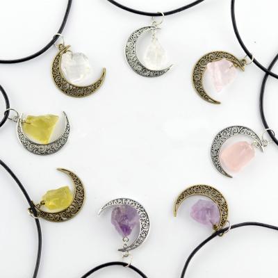 China FASHIONABLE Filigree Moon Pendant Necklace with Natural Raw Stone Necklace Irregular Stone Jewelry for sale