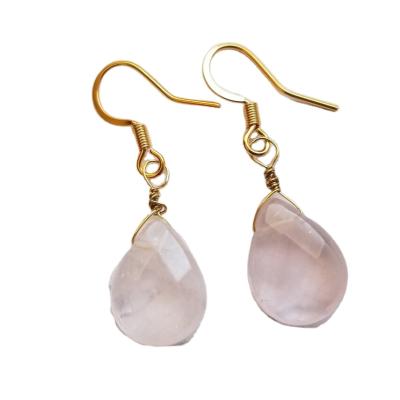 China Environmental Friendly Antique Bronze Plated Teardrop Fish Hook Rose Quartz Crystal Gemstone Drop Earring For Women for sale