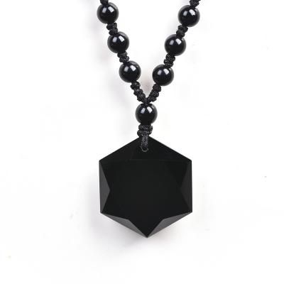 China Big Fashion Classic Black Geometric Pendant Necklace Natural Stone Obsidian Knot Statement Handwoven Beaded Necklace For Women Men for sale