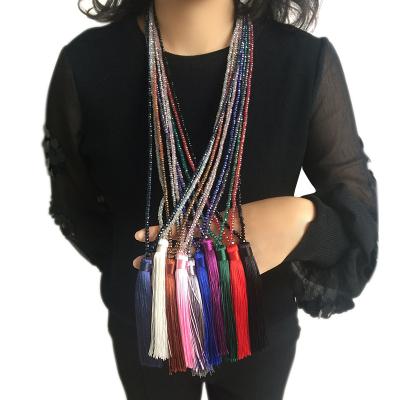 China Classic Vintage Glass Crystal Beads Necklace Colorful Stone Women's Long Silk Cord Stone Rainbow Long Tassel Clothing Accessories Jewelry for sale