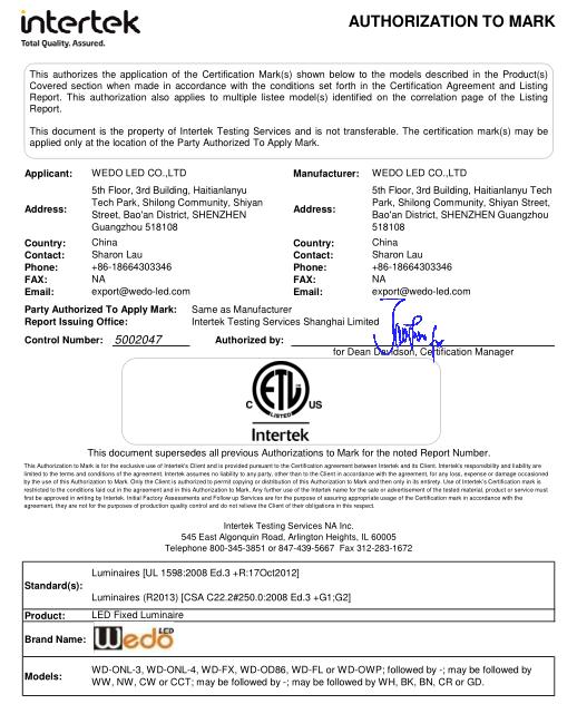ETL - Shenzhen Wedo LED Co., Limited