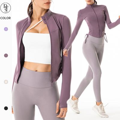 China Premium Plus Size Women Fitness Sheath Long Slim Fit Outer Wear Jacket Zipper Up Drawstring Gym Sports Sports Fitness Casual Running Jacket for sale