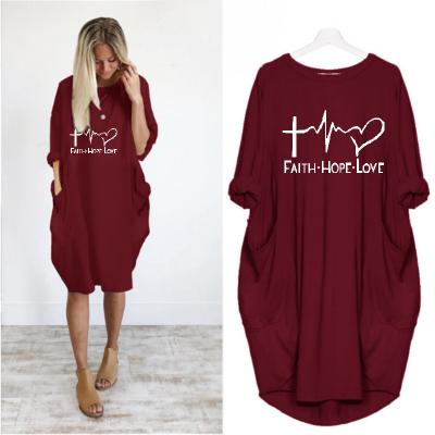 China Anti-Wrinkle Plus Size Dress Autumn Long Sleeve Top Faith Hope Love Letters Print Clothing Women Shirt Fashion Loose Fit Dress With Pocket for sale