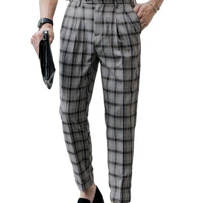 China Flat Cost Effective High Elastic Waist Slim Fit Pockets With Button Mens Plaid Dress Pants for sale