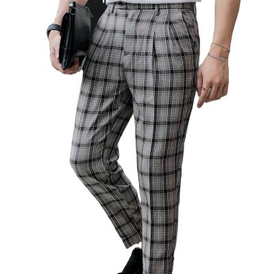 China Flat Cost Effective High Elastic Waist Slim Fit Pockets With Button Mens Plaid Dress Pants for sale