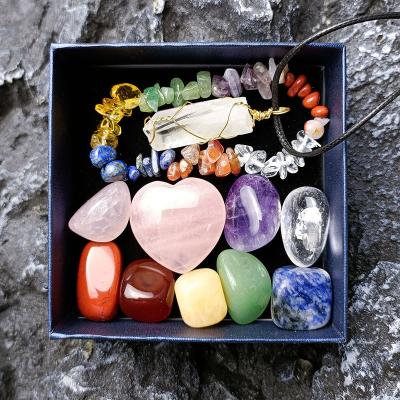 China 11pcs China Amethyst Chakra Palm Worry Stone Pendulum Necklace Bracelet Set Gift Box Crystal Gravel Kit Crafts Ornament Oval for sale