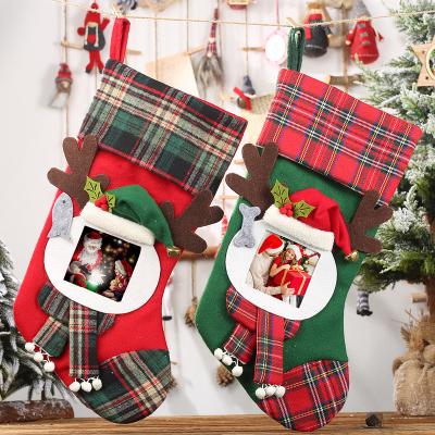 China Interior decoration red color plaid fabric photo frame Christmas stocking candy gift sock bag for sale