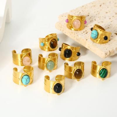 China Newest Style Natural Stone Statement Open Ring 18K Gold Plated Rings Stainless Steel Geometry Rings for sale