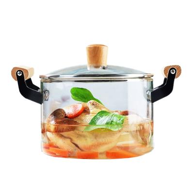 China Large Size High Borosilicate Stocked Transparent Clear Pyrex Glass Cooking Pot With Wooden Handle Heat Resistant Glass Cooking Pot for sale