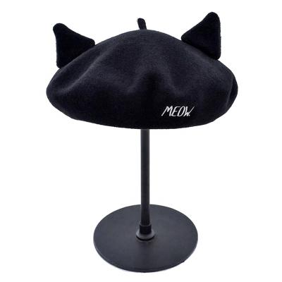 China Character Customized Embroidery Wool Beret Hats Caps 100% Black Winter Hat For Women for sale