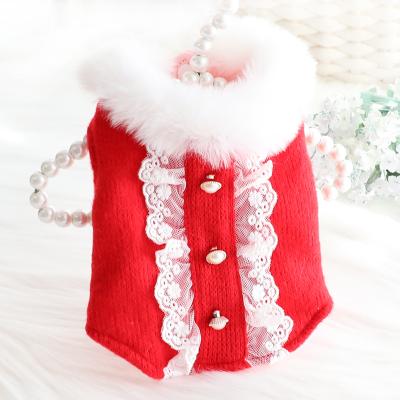 China Stocked Holiday Christmas Knit Pet Wear Christmas Outfits For Puppy Fur Collar Dog Coat for sale