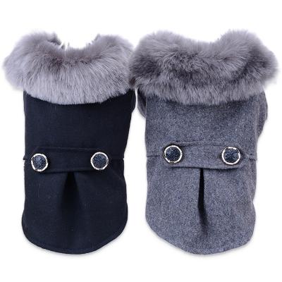 China European Classic Pet Stocked Clothes Winter Puppy Outfits Black Gray Dog Fur Collar Winter Coat for sale