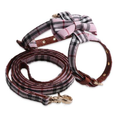 China Wholesale Viable Cat Fashion Pink Accessories Set with Classic Bow Tie Dog Plaid Harness and Leash Set for sale