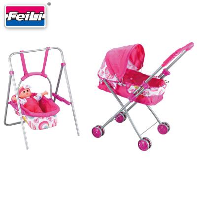 China Metal Fei Li toys 3 in 1 baby doll stroller & swing toys with doll 12'' play role toys baby doll stroller set for sale