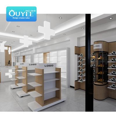 China Luxury Retail Wooden Furniture Shelves Fixtures Pharmacy Medical Pharmacy Counter Design Pharmacy Shelves for sale