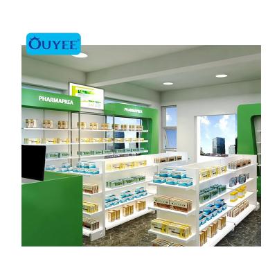 China Pharmacy Luxury Store Display Shelf Product Retail Pharmacy Shop Fixture Store Counter Interior Medical Design for sale