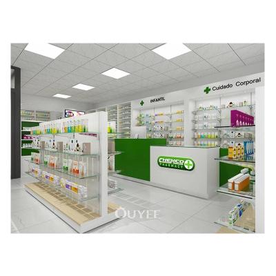 China Cheap Pharmacy Wall Display Cabinet Store Pharmacy Store Shelves Interior Medical Store Counter Design for sale