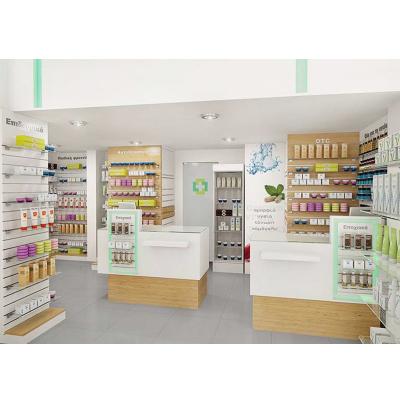 China Custom Latest Pharmacy Store Fashion Glass Wall Showroom Fancy Store Display Racks For Pharmacy for sale