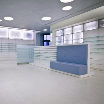 China High End Modern Pharmacy Store Plywood Baking Paint Glass Wall Ideas Store Furniture Glass Cabinet Display Retail Pharmacy for sale