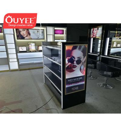 China Free Makeup Mac Cosmetic Display Factory Selling Cosmetic Store Design Plywood Stand for sale